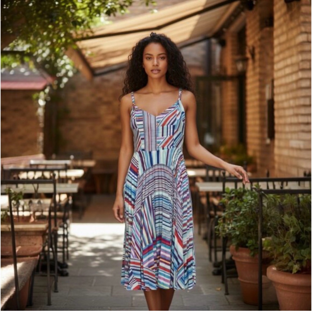 Parker Blue Multi Color V Neck Pleated Detail Knee Length Designer Dress Size 2